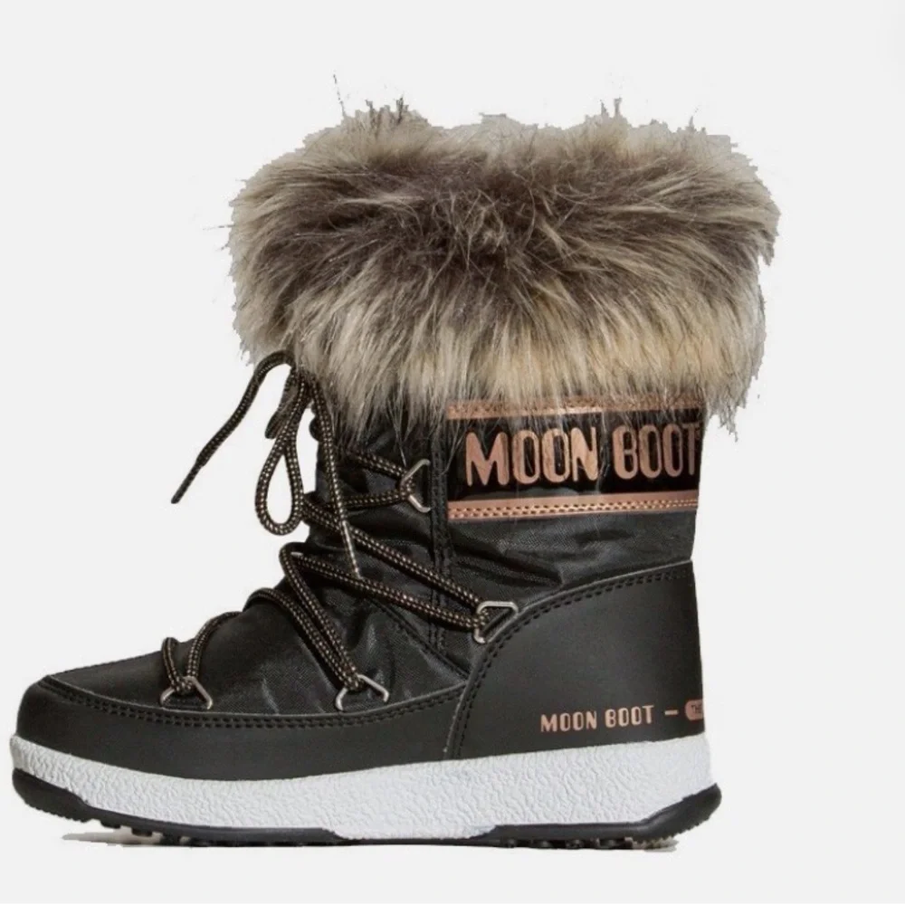 Moon Boot Kids Black and Gray Fur Trim Boots